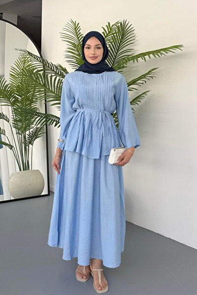 Hatun Atila Ribbed Lace Detailed Blouse and Flowing Skirt Two-Piece Set 8043 - Blue