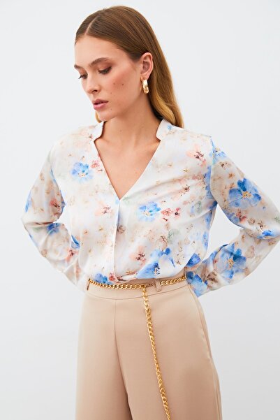 Sateen Двуредна блуза с шарки - СИНЯ