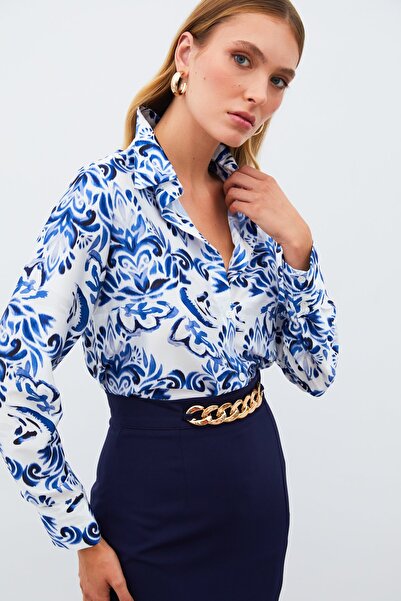 Sateen Çiçek Desenli Gömlek - SAX MAVİ