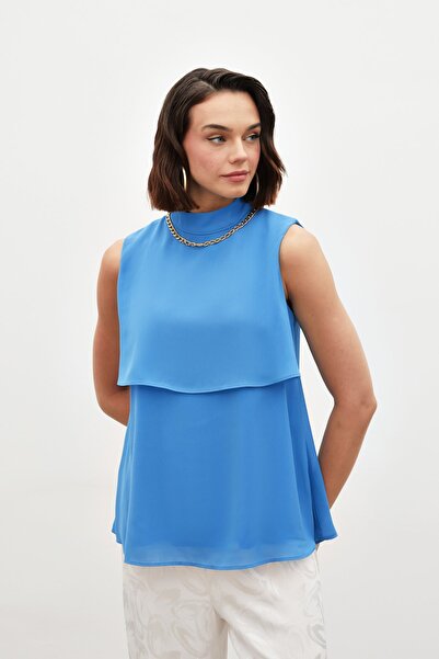 Sateen Aksesuar Detaylı Volanlı Bluz - Mavi