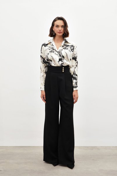 Sateen Waist Detailed Trousers - Black