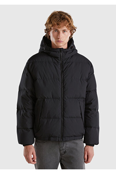 United Colors of Benetton Men's Black Goose down Padded Side Pockets Hidden Zipper Hooded Coat