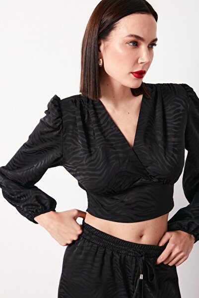 Sateen Desenli Kruvaze Saten Bluz - SİYAH