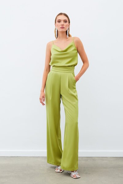 Sateen Loose Satin Trousers with Pockets - Oil Green