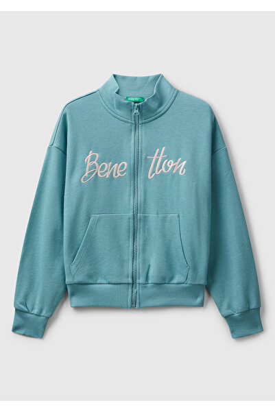 United Colors of Benetton Hanorac verde-apă pentru fete, cu guler înalt și fe...