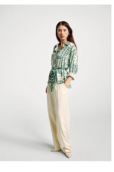 United Colors of Benetton Women's Light Green 100% Viscose Belted Patterned Shirt