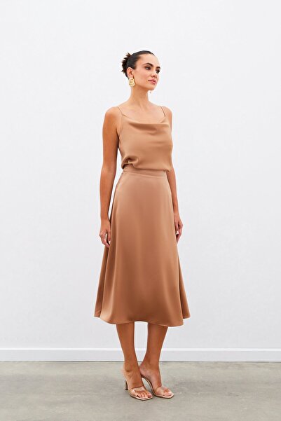 Sateen Midi Boy Saten Etek - Camel