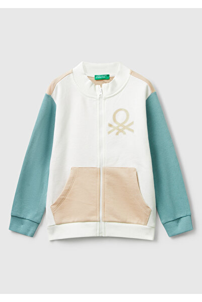 United Colors of Benetton Hanorac pentru fete, roz-alb, cu logo cu sclipici, cu fermoar, cu nervuri, cu croiala normala