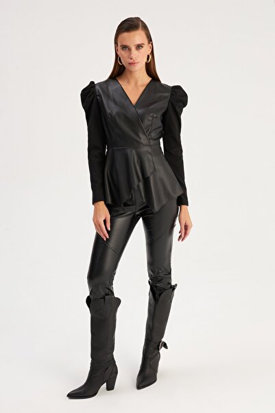 Sateen Bluză cu detaliu din piele - Negru