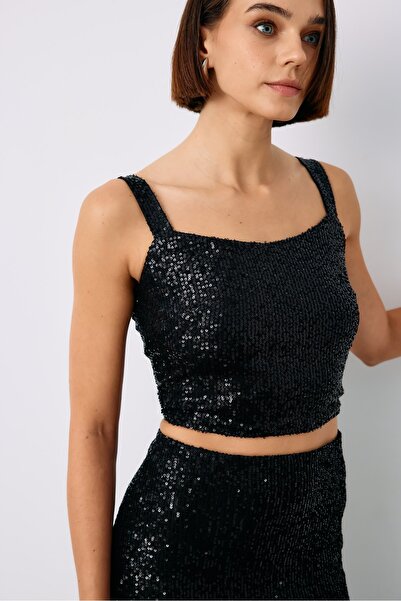 Sateen Payetli Crop Bluz - Siyah