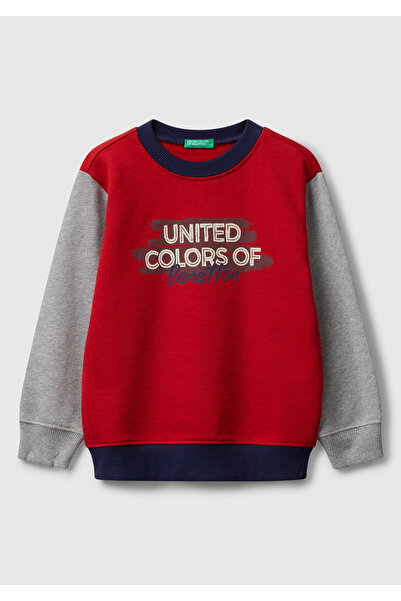 United Colors of Benetton Erkek Çocuk Kırmızı-Gri Önü Logo Baskılı Bisiklet Yaka Sweatshirt
