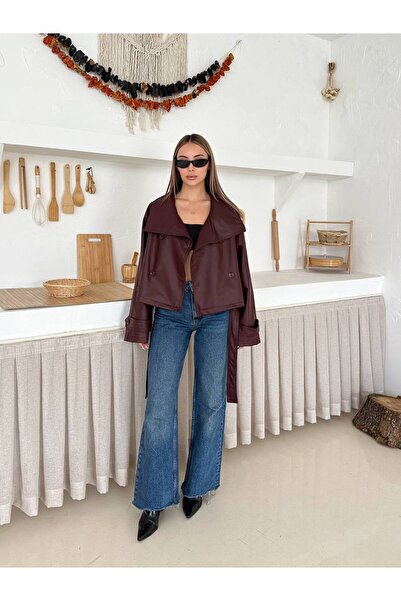 VESS MODA Dámská stylová kožená bunda s bordó páskem na rukávech