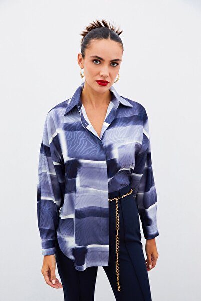 Sateen Desenli Uzun Gömlek - LACİVERT