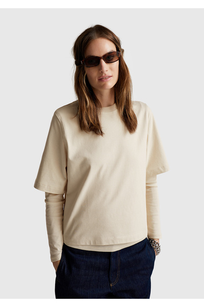 United Colors of Benetton Γυναικείο μπλουζάκι Cream 100% Cotton Boxy Fit