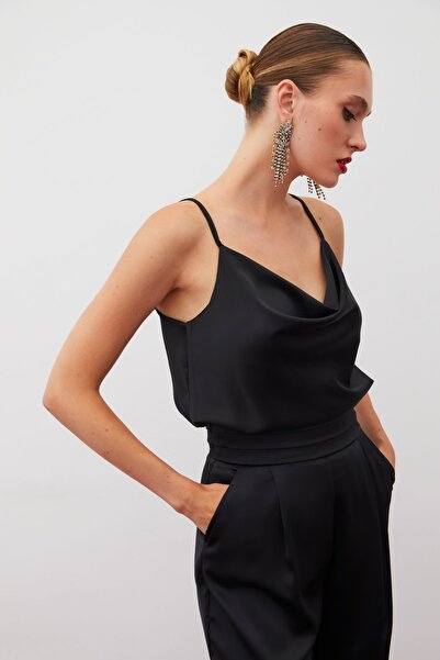 Sateen Degaje Yaka Saten Bluz - Siyah