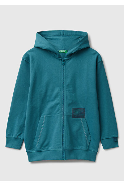 United Colors of Benetton Момчешка суитшърт с качулка и цип, в син цвят, с ло...
