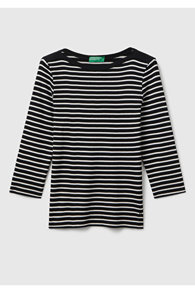 United Colors of Benetton Γυναικείο μπλουζάκι με ριγέ λογότυπο από 100% βαμβάκι με λαιμόκοψη και μανίκια τριών τετάρτων