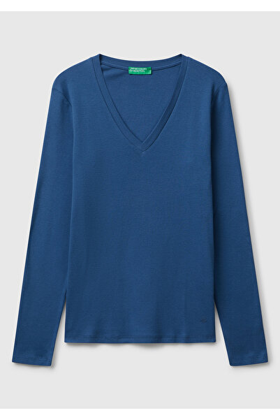 United Colors of Benetton Γυναικείο μπλουζάκι Indigo Blue Basic με λαιμόκοψη V με μακρύ μανίκι