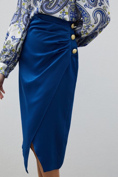 Sateen Düğme Aksesuarlı Saten Krep Etek - İNDİGO