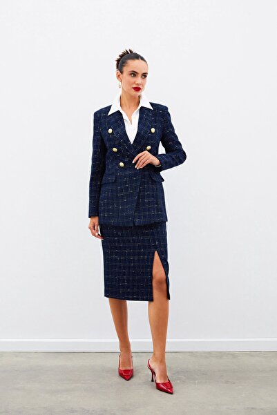 Sateen Срібляста спідниця середньої довжини з твіту - темно-синя