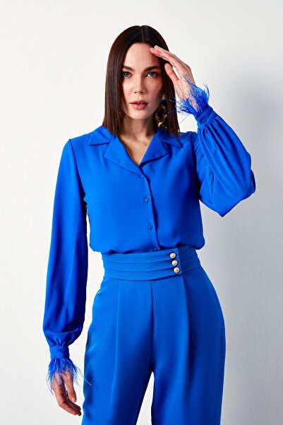 Sateen Cămașă lejeră cu detalii din pene - ALBASTRU SAX