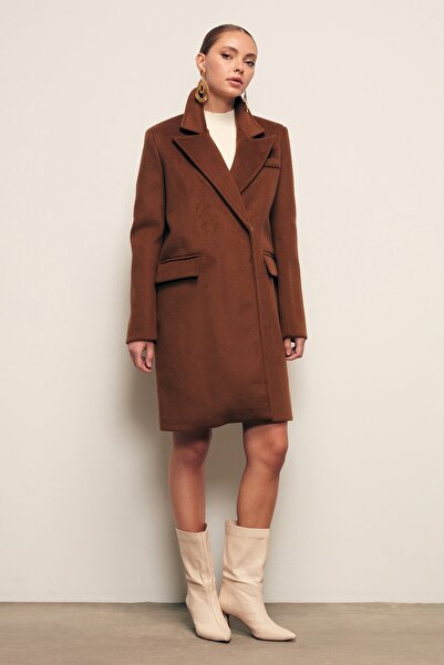 Sateen Кашмирено палто с джобове - Кафе