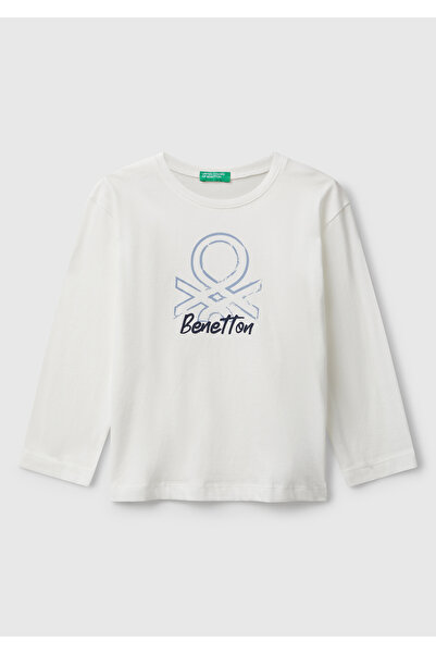 United Colors of Benetton Boy's Ecru Organic Cotton Long Sleeve Jersey T-Shirt with Logo Printed on the Front