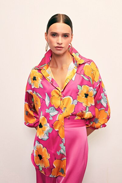 Sateen Çiçek Desenli Oversize Gömlek - Fuşya