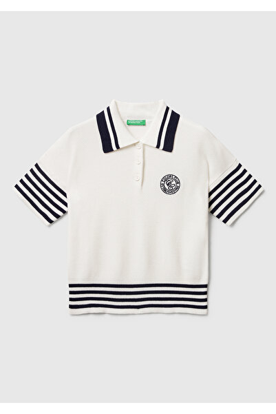 United Colors of Benetton Pulover de damă crem, 100% bumbac, cu mânecă scurtă și gât polo