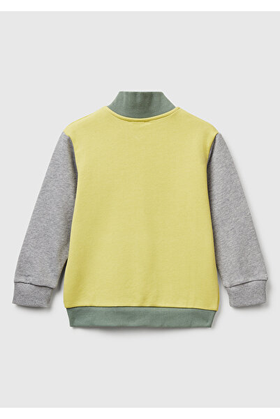 United Colors of Benetton Hanorac pentru băieți, galben-gri, cu detaliu de logo, cu fermoar în față și detaliu din ribață