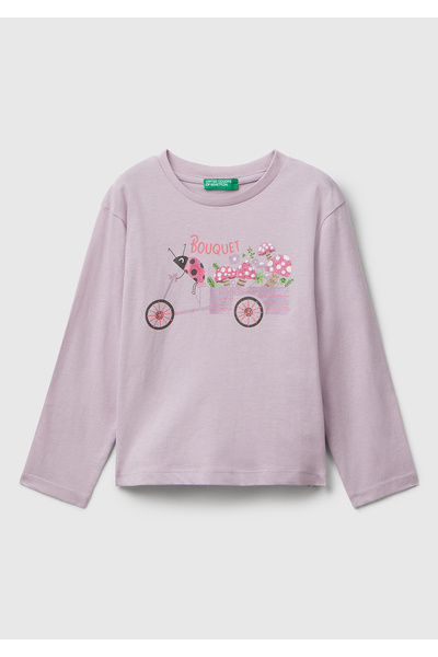 United Colors of Benetton Tricou cu mânecă lungă pentru fete, liliac, cu deco...