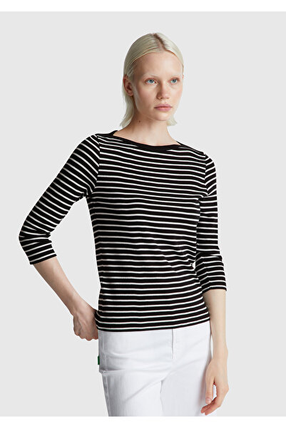 United Colors of Benetton Γυναικείο μπλουζάκι με ριγέ λογότυπο από 100% βαμβάκι με λαιμόκοψη και μανίκια τριών τετάρτων