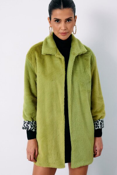 Sateen Leopar Astarlı Peluş Kaban - Yeşil