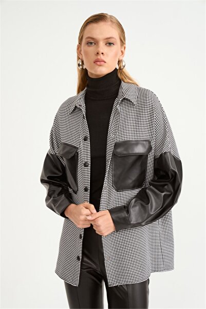 Sateen Риза с кожена подплата и шотландски десен - Черна