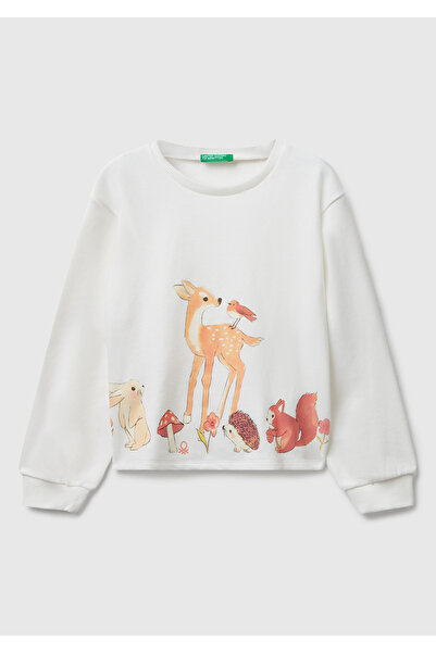 United Colors of Benetton Girl's Ecru Oversized Ribbed Sweatshirt with Graphic Print on the Front