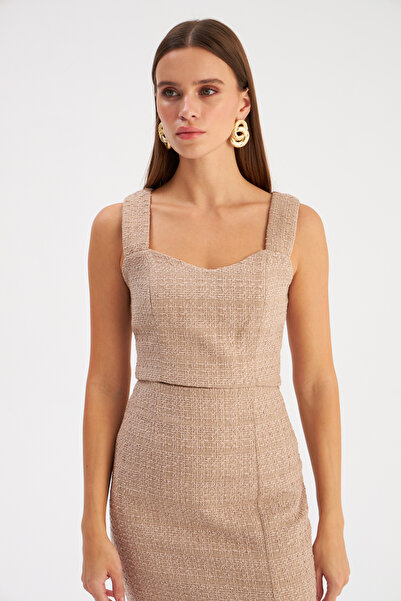 Sateen Beige Tweed Crop Blouse - Strappy