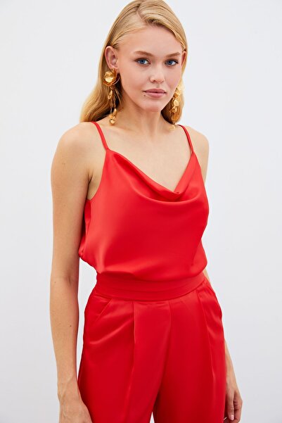 Sateen Degaje Yaka Saten Bluz - Mercan