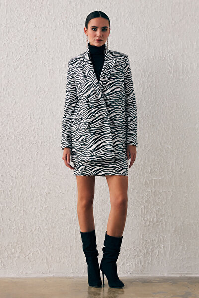 Sateen Zebra Patterned Leather Jacket - Ecru