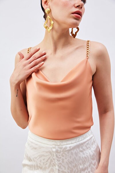 Sateen Zincir Askılı Saten Bluz - Somon