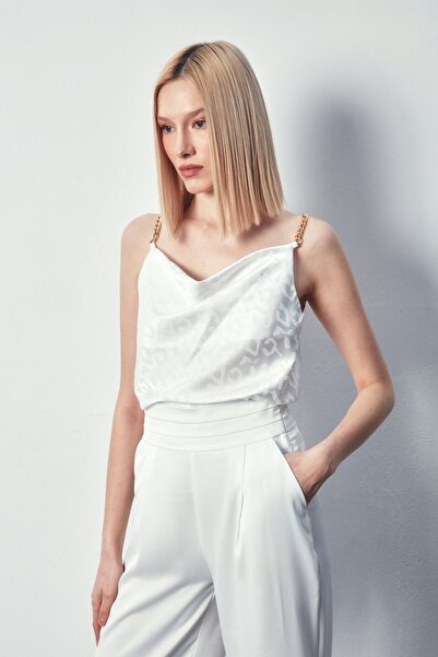 Sateen Zincir Askılı Saten Bluz - Ekru