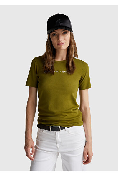 United Colors of Benetton Women's Khaki Green 100% Cotton Benetton Printed Basic T-Shirt