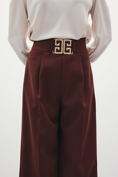 Sateen Панталон с широки крачоли и аксесоар за талия - кафяв