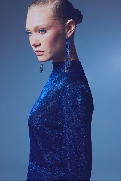 Sateen Glitter Stand Collar Bodysuit - SAX BLUE