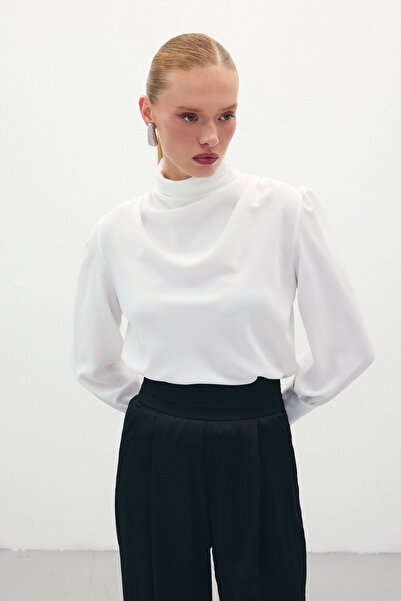 Sateen Drape Detaylı Bluz - Ekru