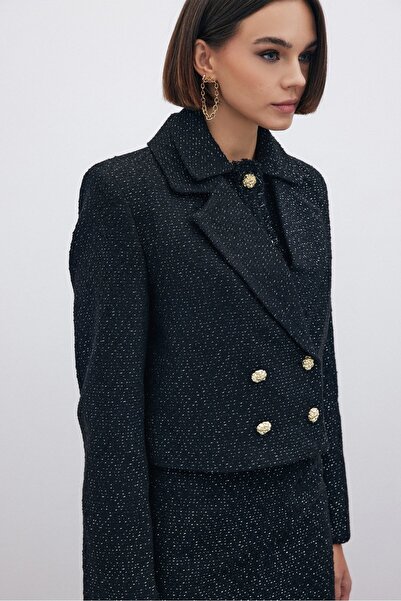 Sateen Блискучий короткий твідовий піджак - ЧОРНИЙ