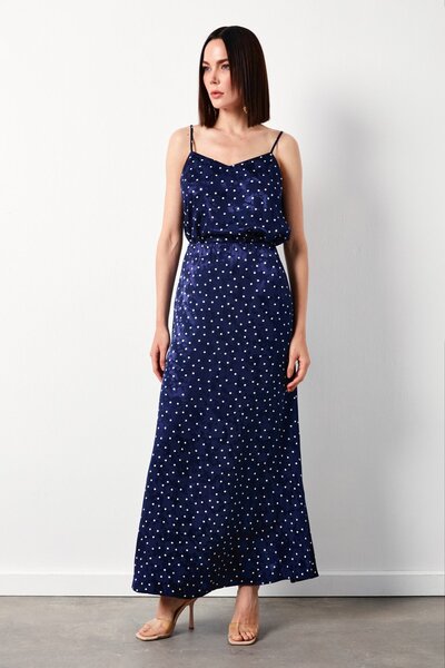 Sateen Μακριά φούστα Navy Blue - Πουά μοτίβο