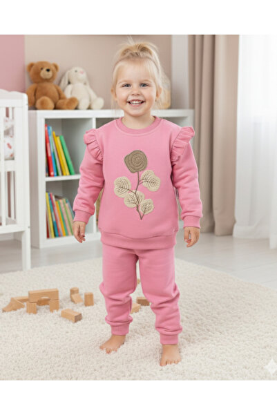 VOY KİDS Girl's Seasonal Floral Embroidered 2-Piece Set – Long Sleeve Crew Neck Top and Bottom – 2-5 Years