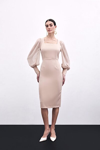 Sateen Chiffon Sleeve Crepe Dress - Beige