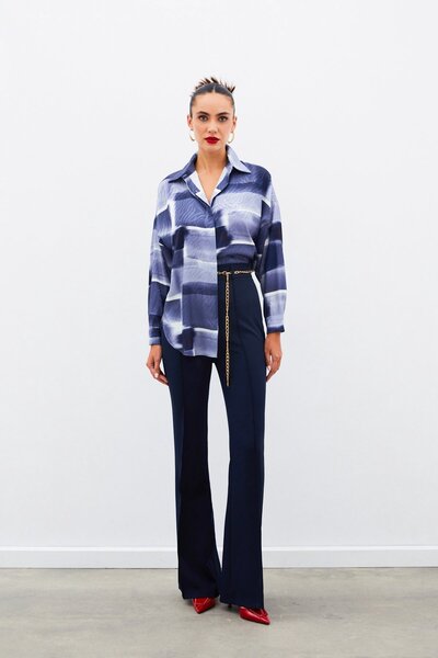 Sateen Dark Blue Patterned Long Shirt