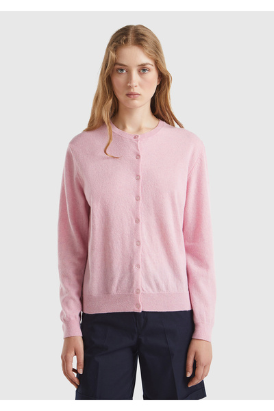 United Colors of Benetton Women's light pink 100% merino crew neck cardigan